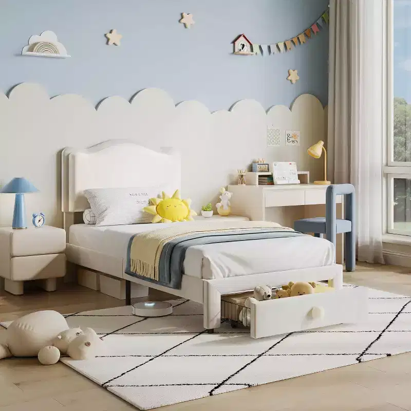 Upholstered Twin Bed Frame with Storage Drawer & Scallop Headboard, Princess Platform Bed Frames for Kids Girls, Wooden Slats Support