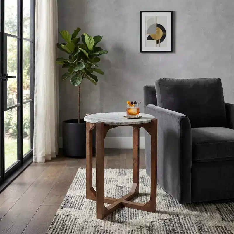 Round End Table with Marble Top & Metal Base, 22