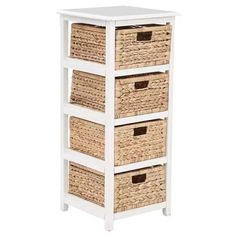 White 4-Basket Wicker Storage Unit, Single-Use, Wood Frame