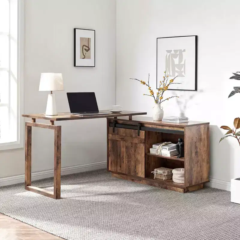 L-Shaped Desk with Sliding Barn Door Credenza