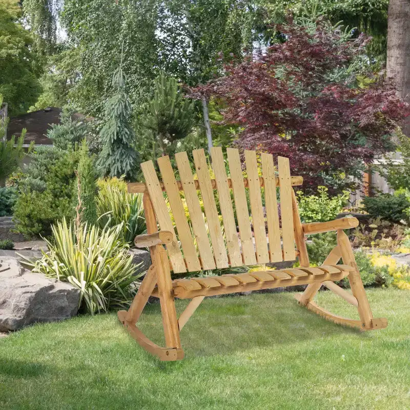 Outsunny Outdoor Adirondack Rocking Chair with Log Slatted Design, 2-Seat Patio Wooden Rocker Loveseat with High Back for Lawn Backyard Garden