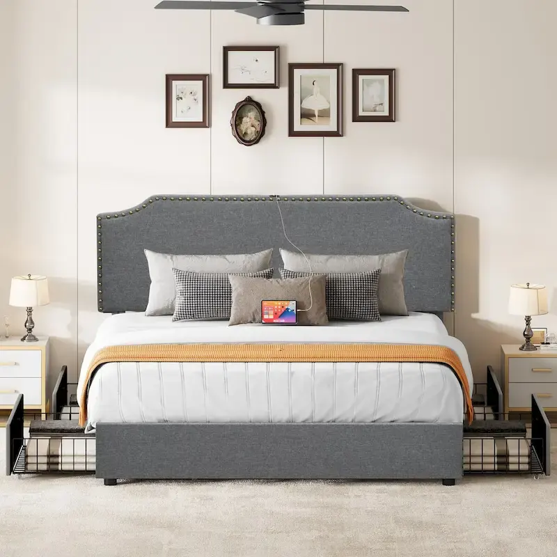 King Upholstered Platform Bed Frame with Curved Rivet Headboard and 4 Storage Drawers – Grey, 1-Unit