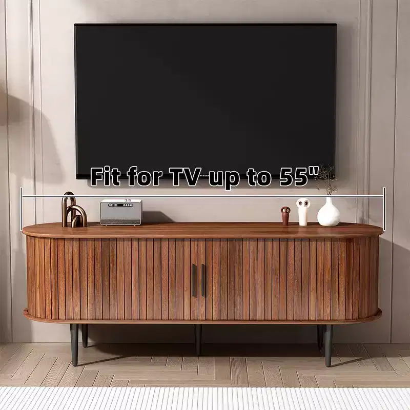 Modern Oval Walnut TV Stand with Fluted Doors and Storage Cabinets for Living Room, Walnut
