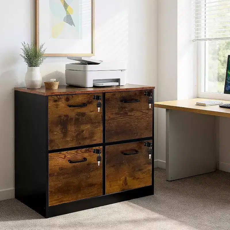 4-Drawer Lockable Wooden File Cabinet, Wooden File Box for Home Office, Vertical Filing Storage Cabinet for A4/Letter Size