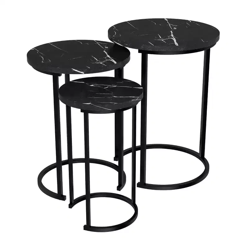 Hasting Home Set of 3 Round Living Room End Tables  Modern Faux Marble Top and Black Metal Base Nesting Tables or Nightstands