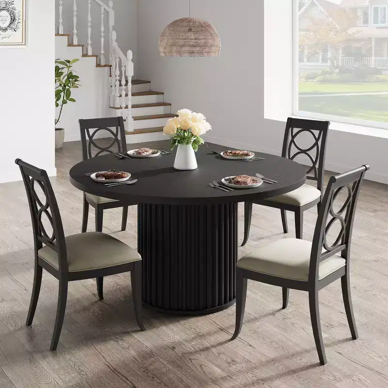 Modern Farmhouse Round Dining Table for 4-6  47 Inch Circle Table  Sturdy Fluted Metal Pedestal Base  Space-Saving Design for Kitchen, Dining Room