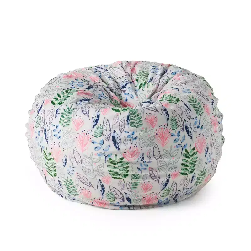 Round Fabric Bean Bag Chair with Leaf Blossom Print – White