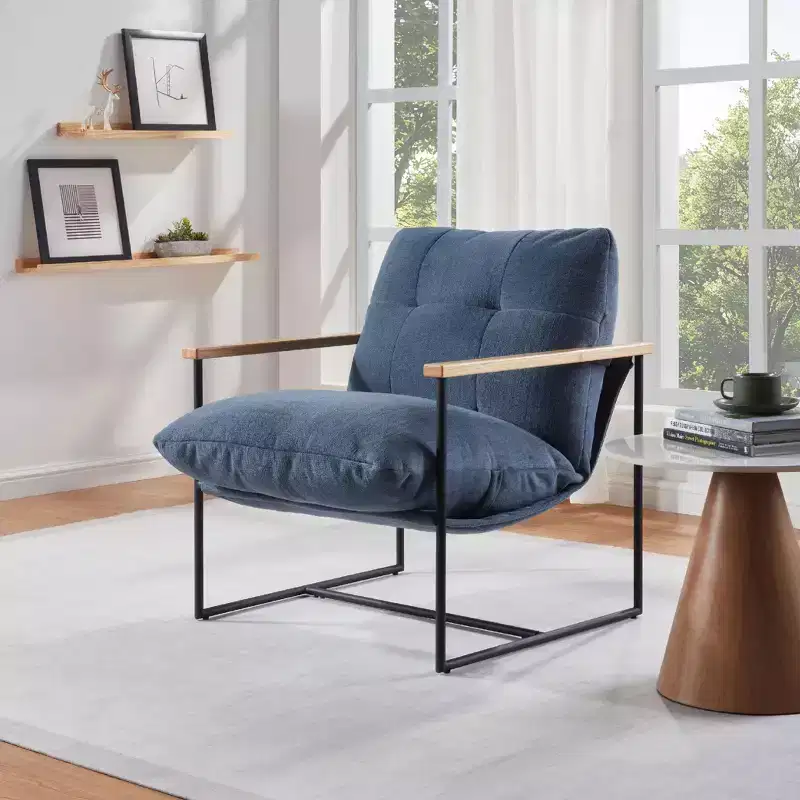 Modern Accent Chair with Removable Cushion, Wooden Armrests, Blue