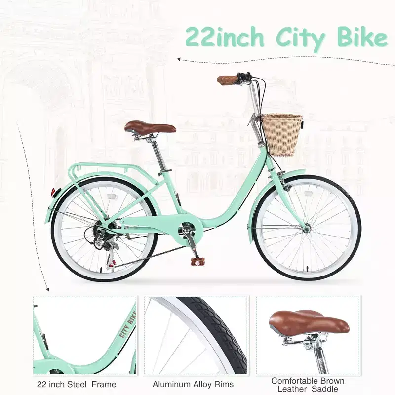 22 Road Bike, 13 Steel Frame, 7-Speed City Cruiser with Dual Brakes & Basket, Commuter Bike for Men & Women Outdoor Cycling