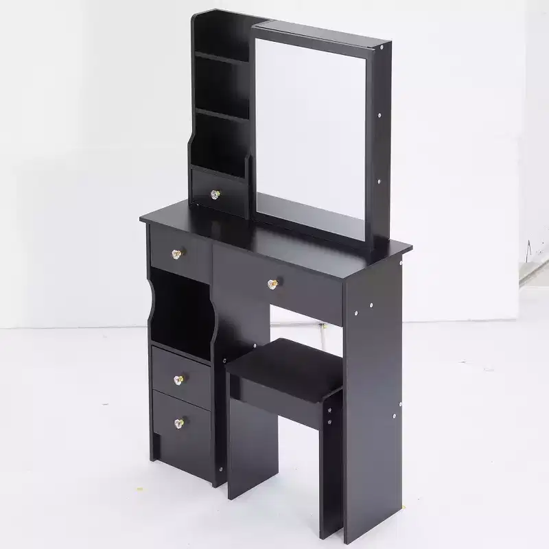 Small vanity table with left drawer, extra-large sliding mirror, cushioned stool, multiple layers and large capacity.