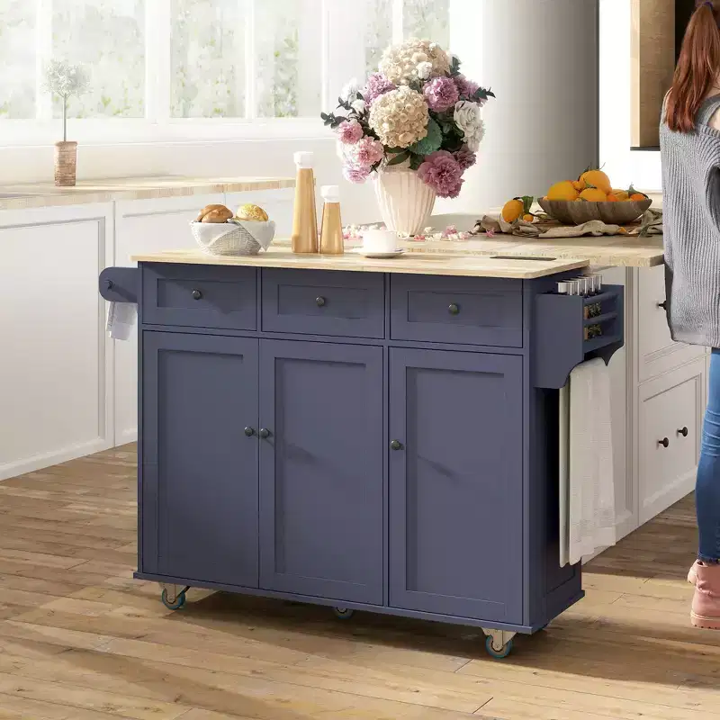 Rolling Kitchen Island with Charging Station, Drop Leaf & 3 Drawers
