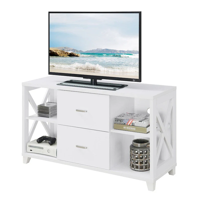 2-Drawer TV Stand with Shelves – X-Frame Design, Fits TVs up to 55 Inches