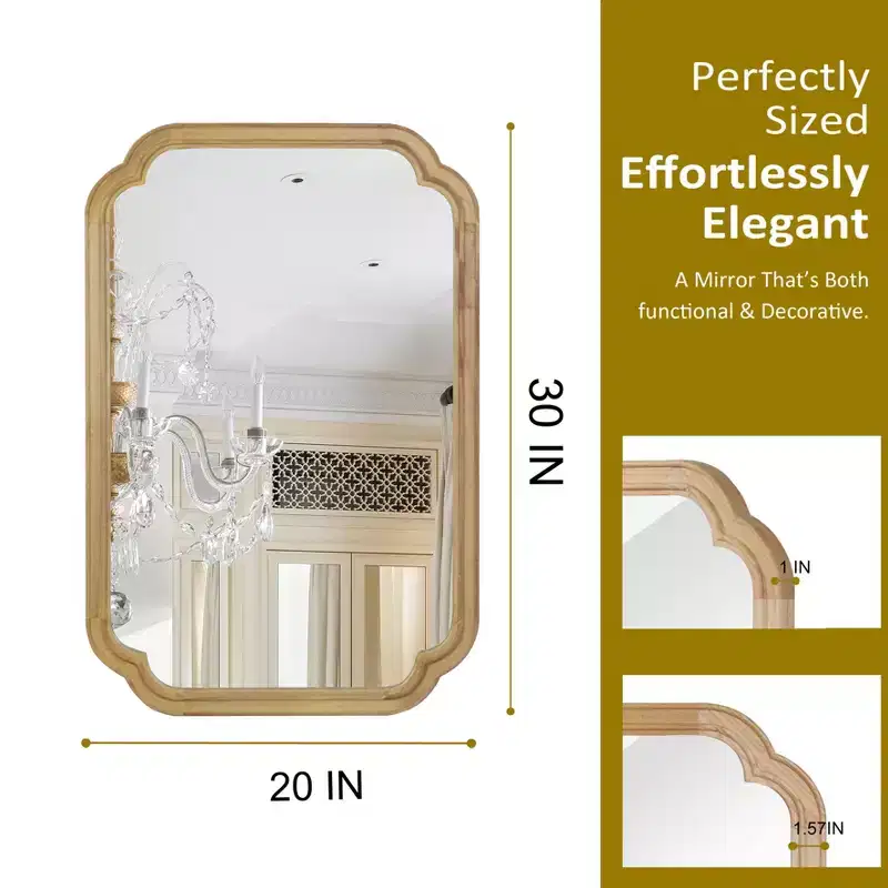 PexFix 20 x 30 Rounded Corner Solid Wood Frame Decorative Mirror Modern Farmhouse Wall Mirror For Bedroom Bathroom Living Room Entryway Natural
