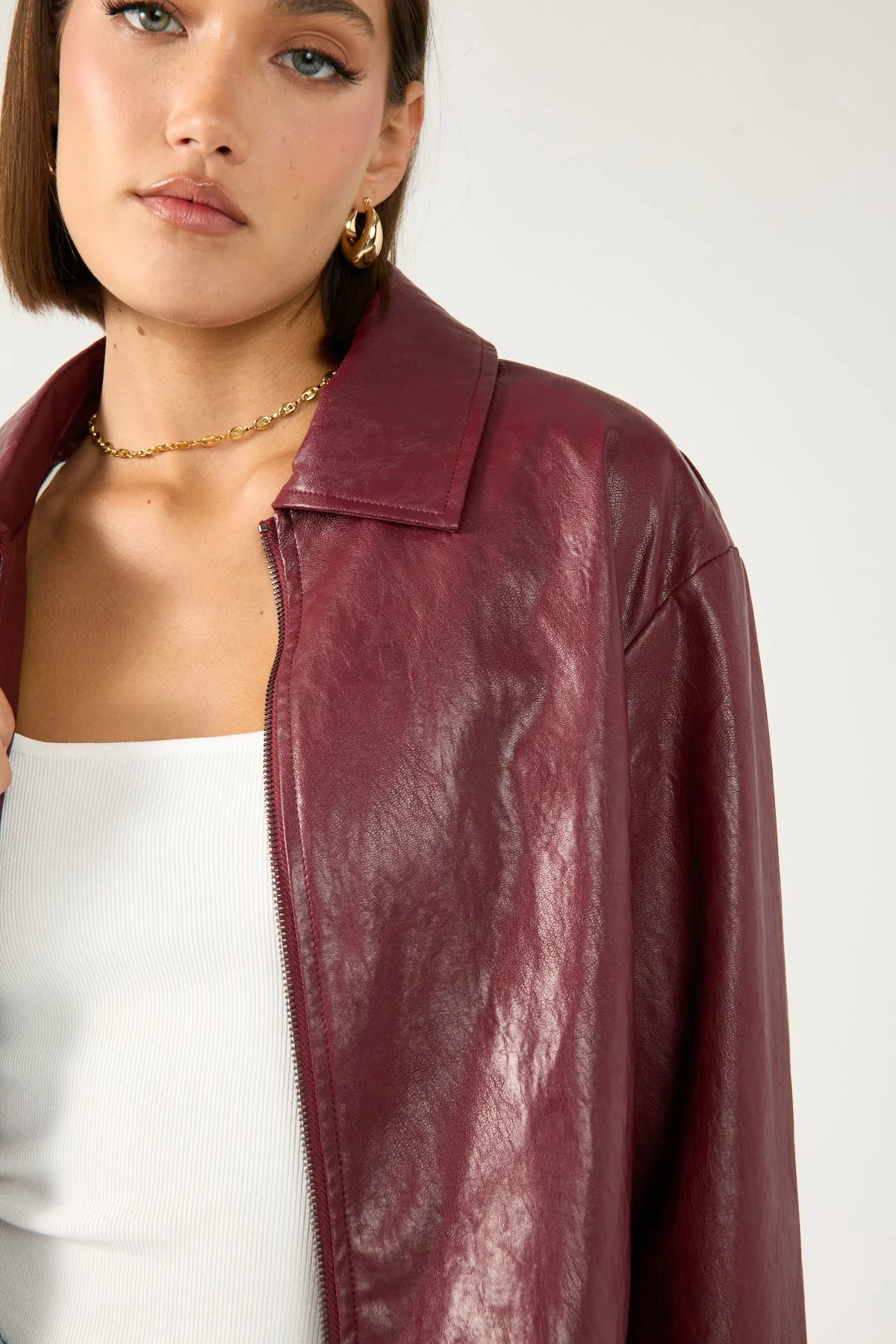 Faux Leather Zip Up Jacket Burgundy