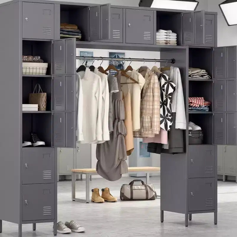 Garvee Gray Metal Locker Wardrobe with Hanging Rod Adjustable Shelves, Freestanding Storage Organizer for Home Office Gym Dorm
