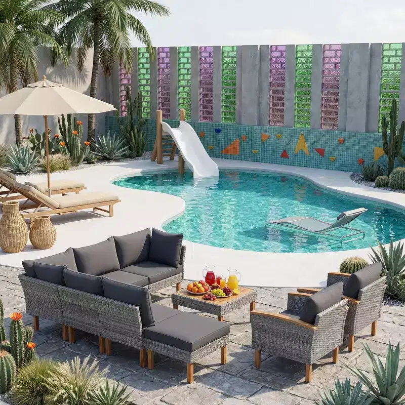 Whisen 9-Piece Weather-Resistant Patio Rattan Furniture Sets & Outdoor Conversation Sectional Sofa Couch Set with Coffee Table and Cushions - Gray