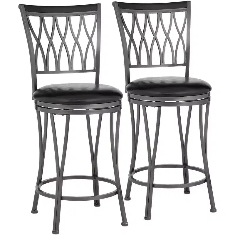 Elm Lane Dominick Black Metal Swivel Bar Stools Set of 2 24 1/2 High Traditional Round Upholstered Cushion with Backrest Footrest for Kitchen Counter