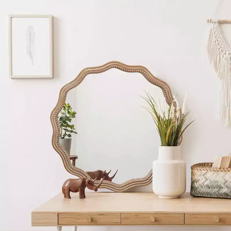 MAYEERTY 23.63 Wood Round Wavy Wall Mirror Modern Framhouse Decor Scalloped Mirror for Bathroom Living Room
