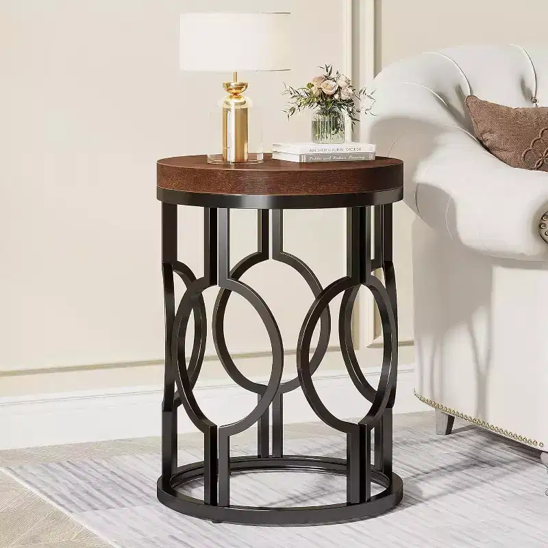 Industrial Narrow Round End Table with Hollow Metal Base – Cylinder Nightstand Side Table