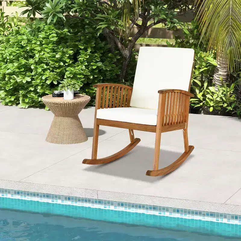 Costway Acacia Wood Rocking Chair Patio Garden Lawn W/ Cushion