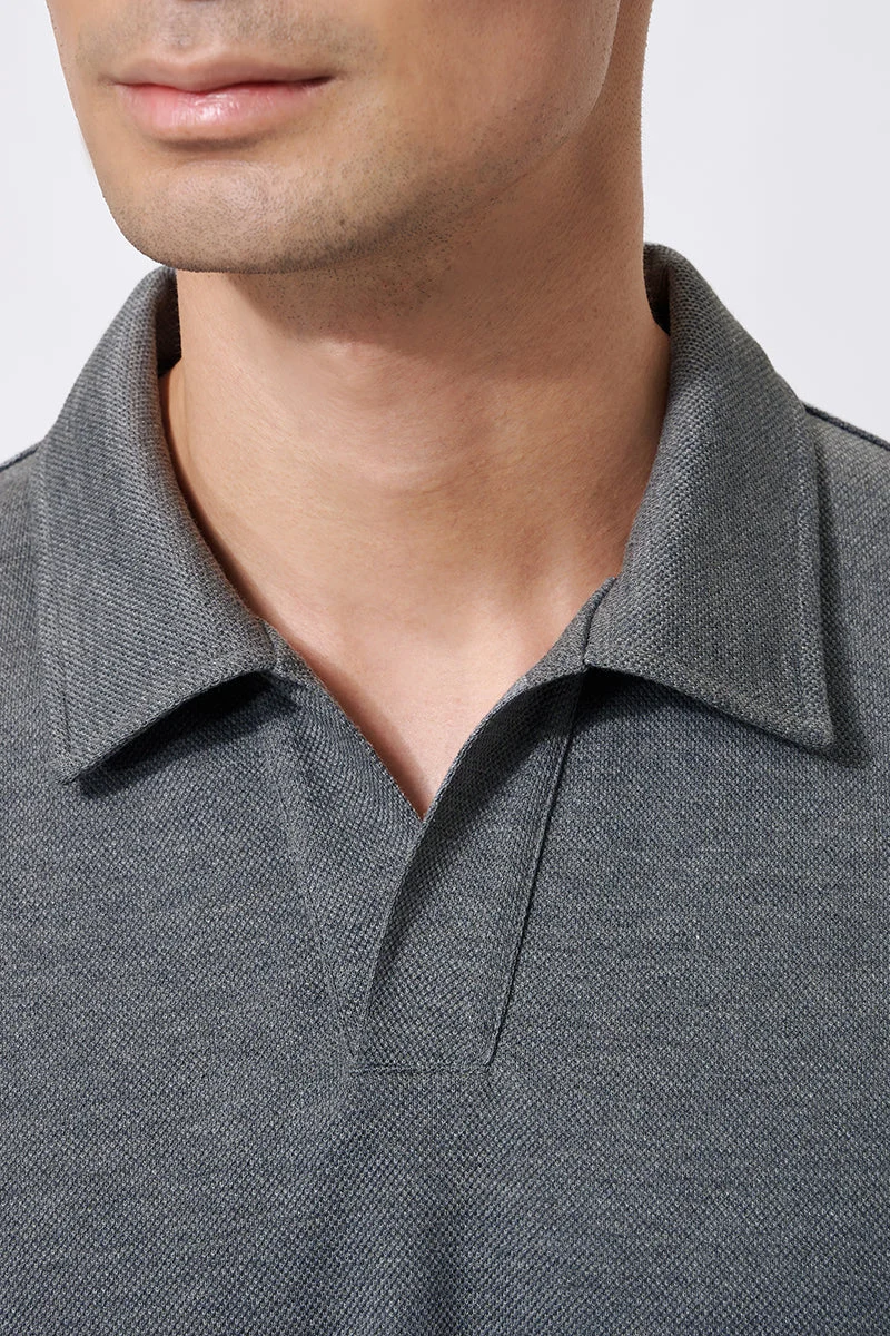 Waffle-Knit Buttonless Polo – Denim Blue