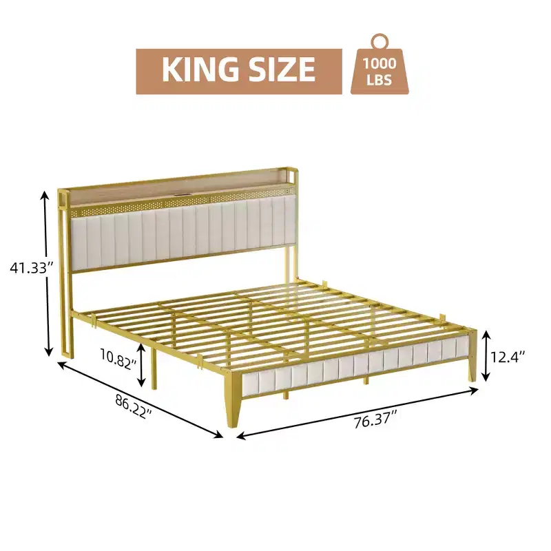King Bed Frame, Upholstered Platform Bed Frame with Headboard, Heavy-Duty Metal Slat Support, No Box Spring Needed  Gold + White