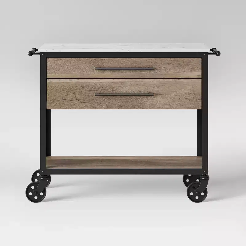 Stone Top Mixed Material Kitchen Island Brown – Solid Hardwood, Storage, Wheels
