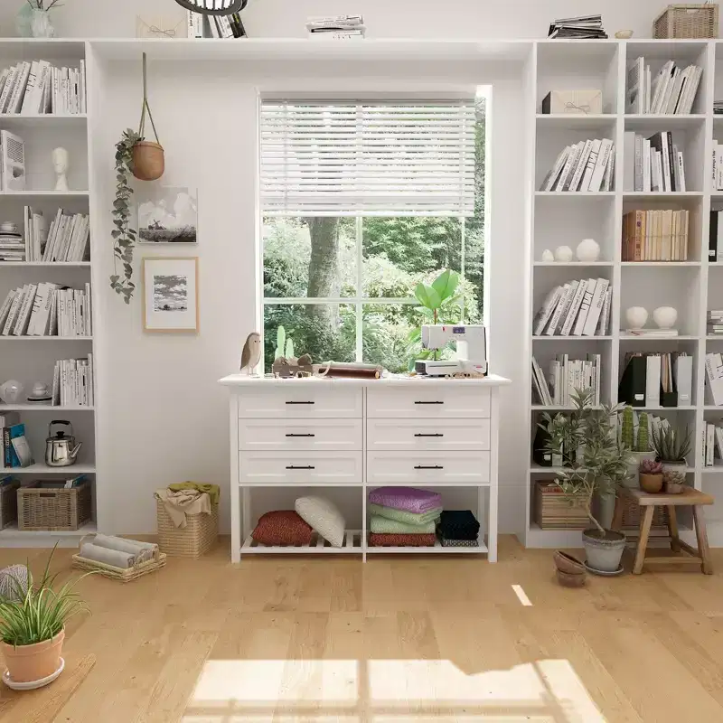 6 Drawer Horizontal Dresser Bottom with Shelf Living Room Storage Cabinet White