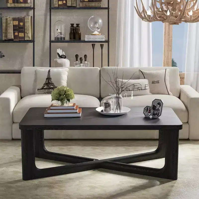 PexFix 50 Modern Coffee Table Rectangular Farmhouse Solid Wood Coffee Table with Cross Sturdy Legs Center Table for Home Office Living Room Black