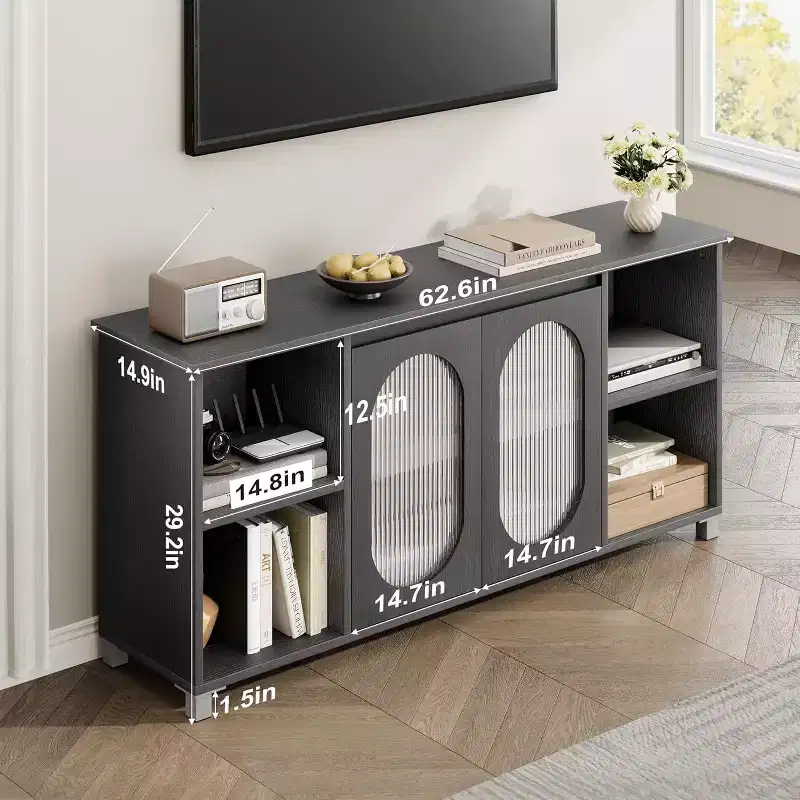 Modern TV Stand for 70 Inch TV, Black Media Console with Glass Doors and Shelves, Storage Cabinet for Living Room