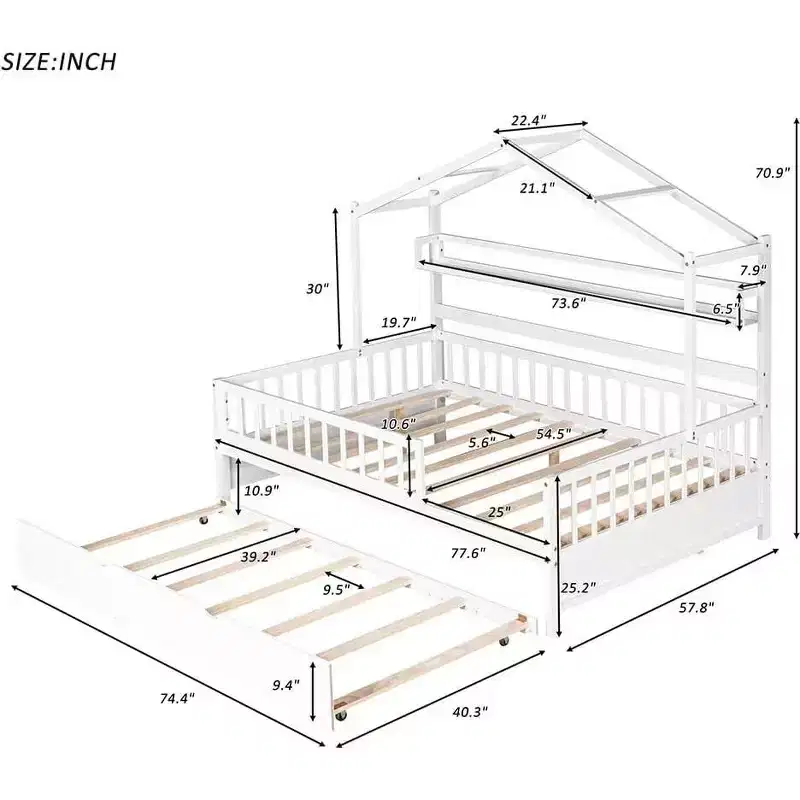 Acekool Full Size House Bed Frame with Twin Trundle, Storage Drawers & Shelves, Roof & Fence, Kids Platform Bed, White