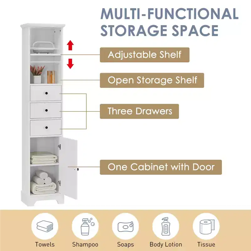 Tall Bathroom Cabinet with 3 Drawers and Adjustable Shelves