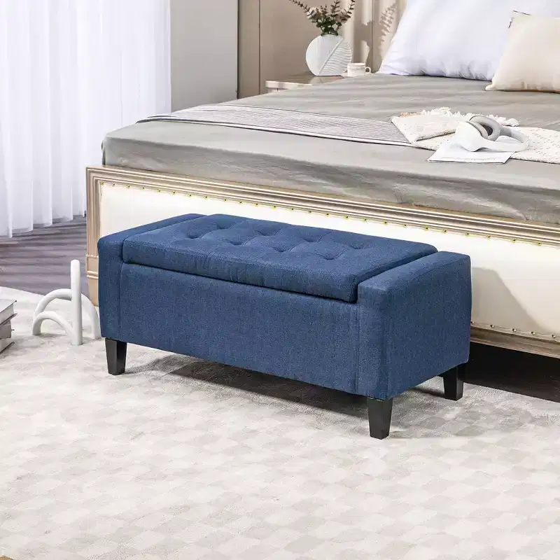 TUYOHW Storage Ottoman, Linen Upholstered Storage Bench with Lift Top and Button Tufted for Living Room, Dark Blue