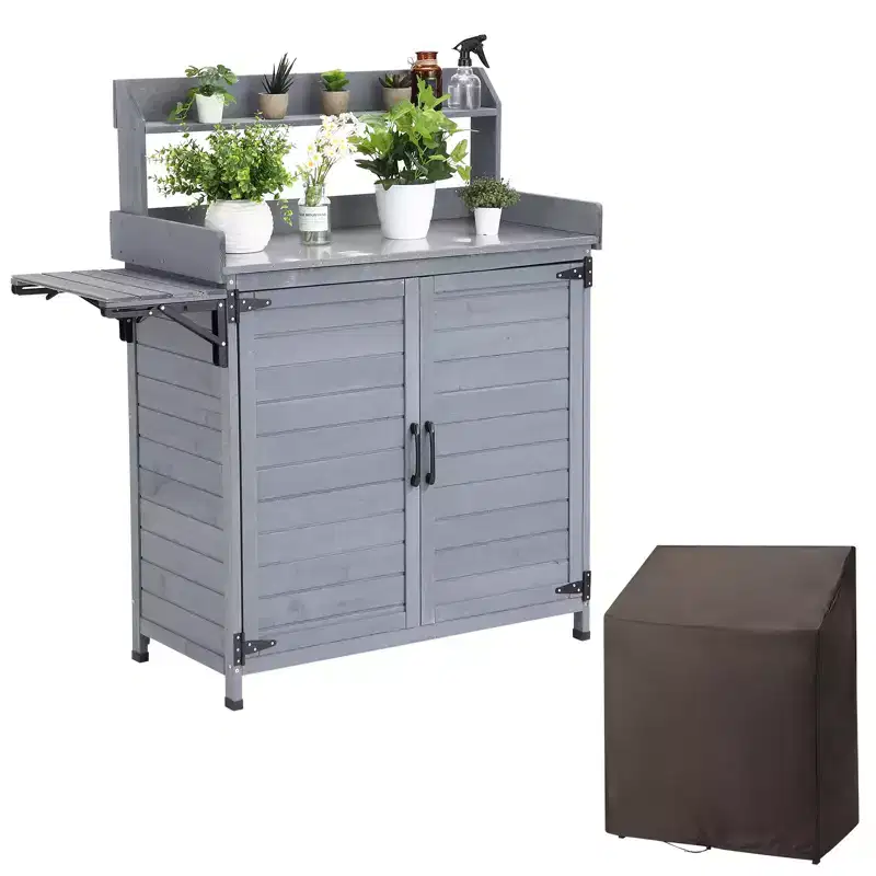 Outdoor Potting Bench with Foldable Shelf, Storage Cabinet & Durable Galvanized Metal Worktop for Garden, Patio, or Backyard