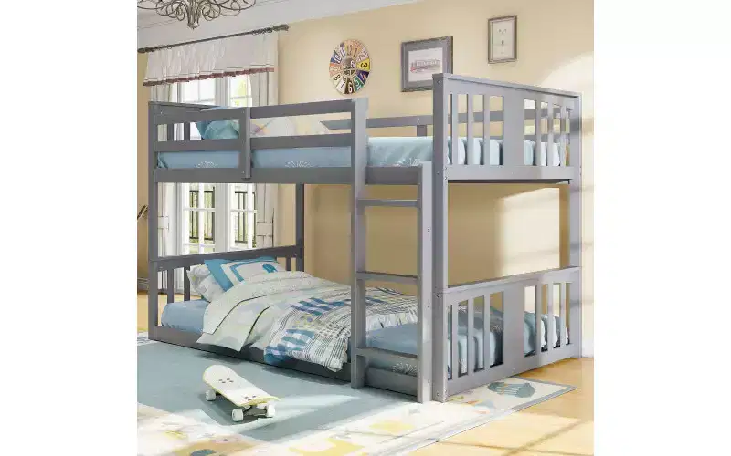 Zevemomo Low Twin Over Twin Bunk Bed, Solid Pine Wood Frame with Built-in Ladder, Converts to 2 Twin Beds, Space-Saving Floor Bed for Bedroom,Gray