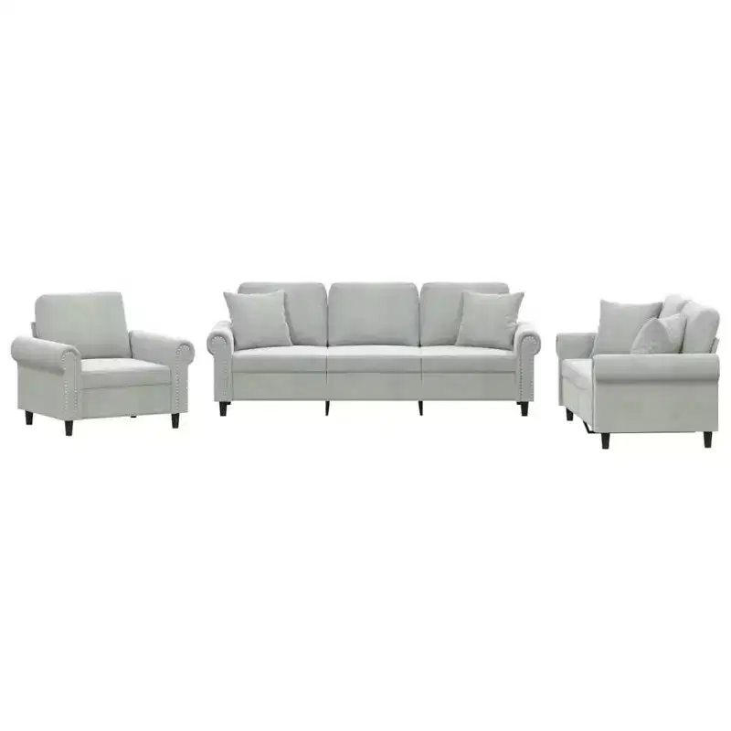 Light Gray Velvet 3-Piece Sofa Set, Seats 6
