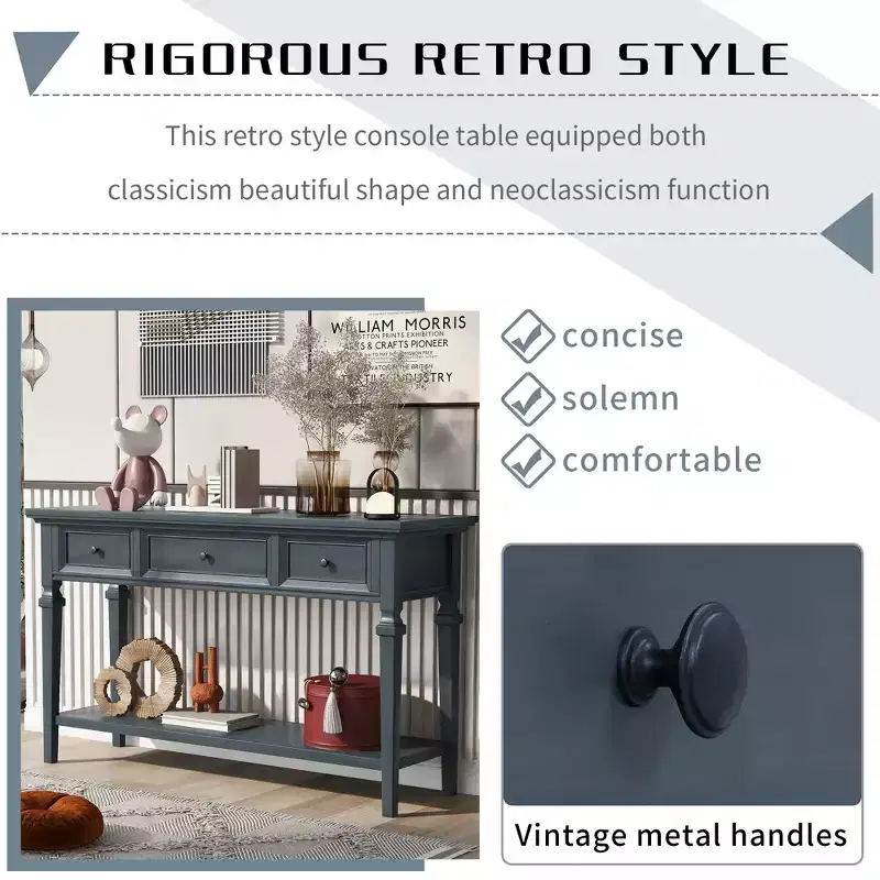 Whisen Classic Retro Style Console Table with 3-Top Drawers and Open Shelf
