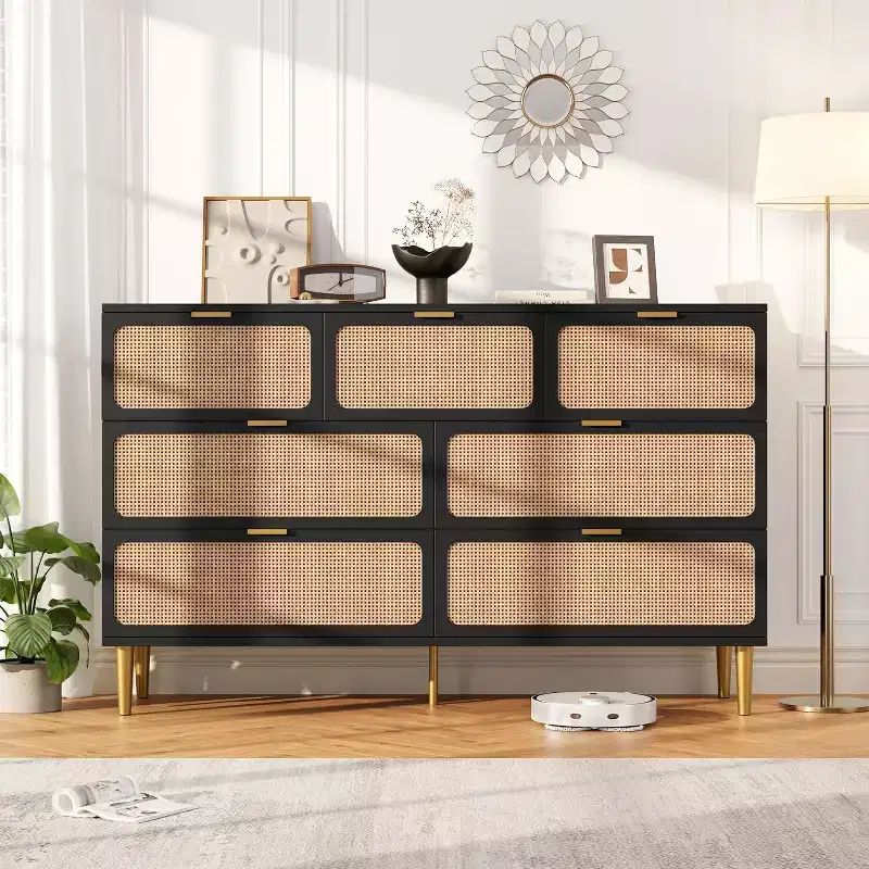 7-Drawer Rattan Dresser, Tall Wood Chest with Wide Top and Deep Storage for Bedroom, Living Room, Hallway, Black