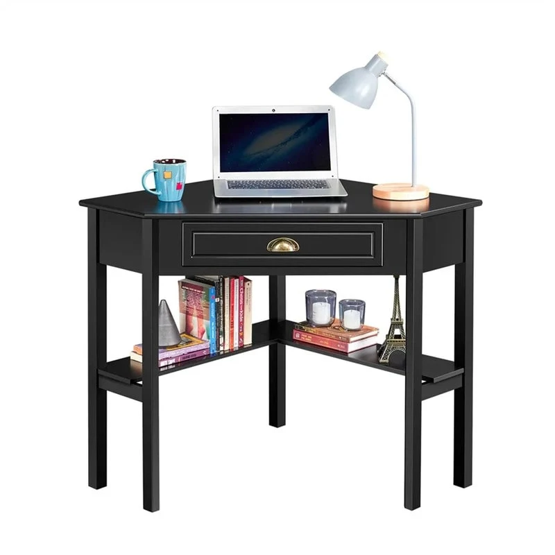 Pine & MDF Corner Writing Desk with Drawer and Shelves