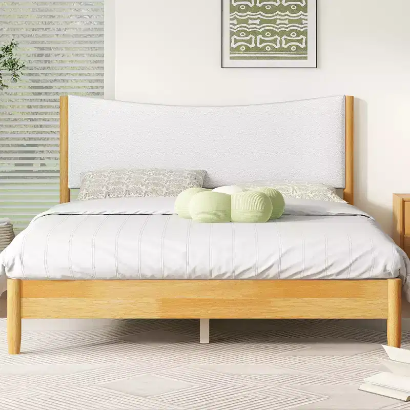 Queen Size Platform Bed with Boucle Upholstered Headboard & Underbed Storage, Natural