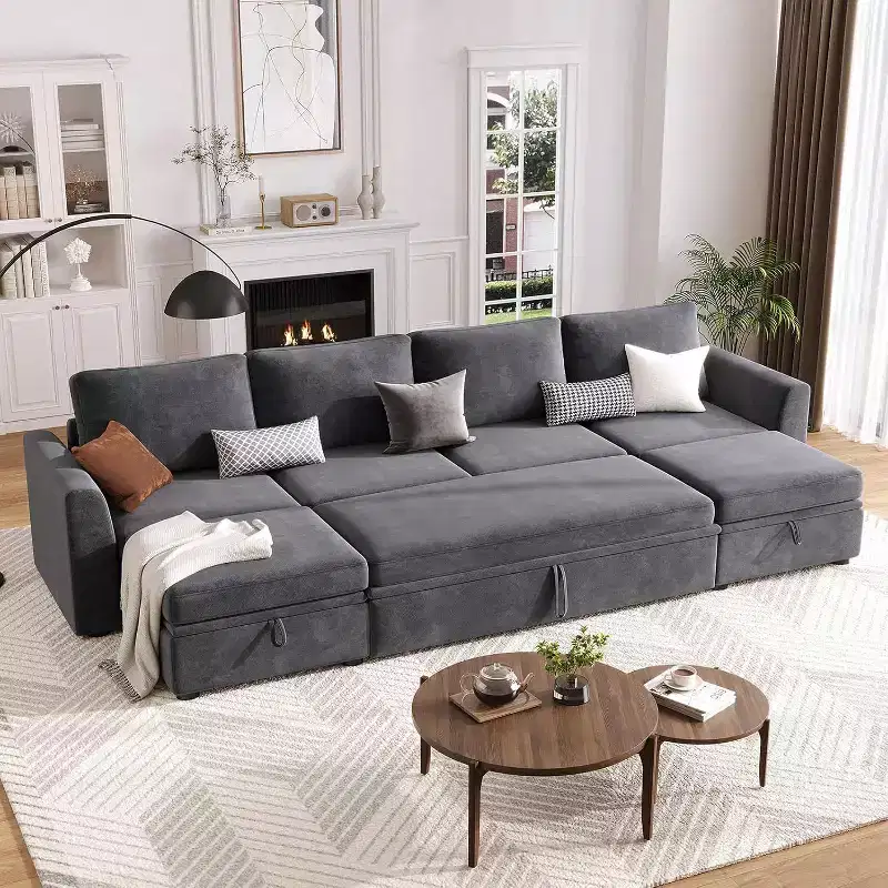 Acekool Chenille Modular Sectional Sleeper Sofa with Pull Out Bed, Storage Seats & 2 Ottomans, Convertible Couch for Living Room, Removable Covers