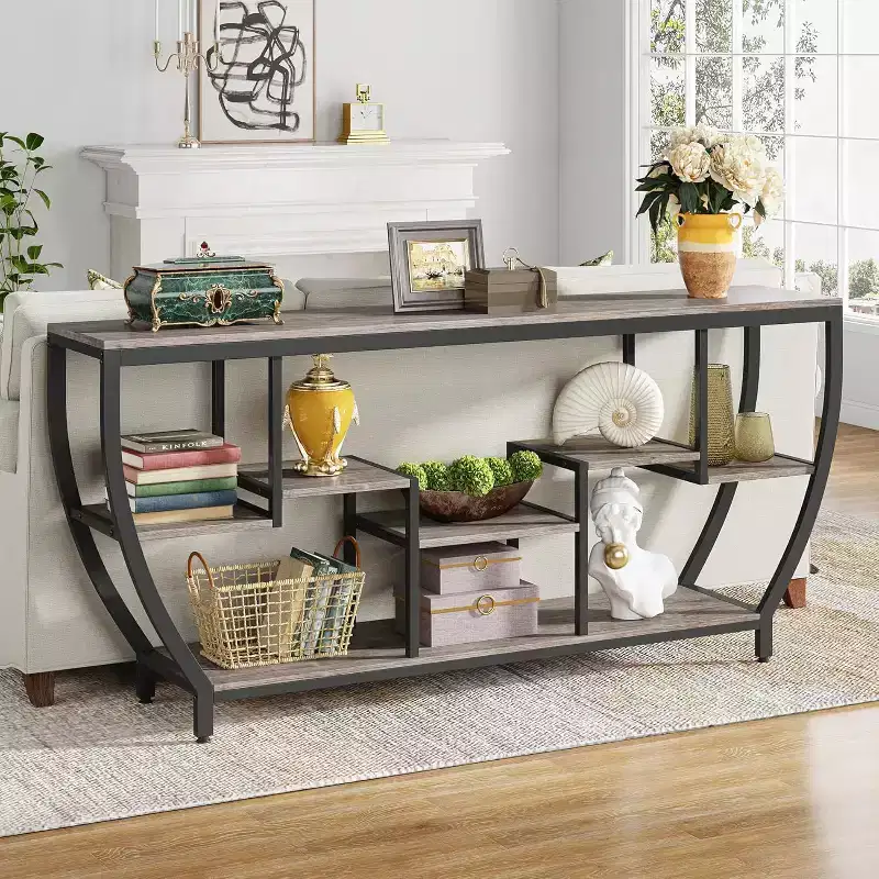 70.9-Inch Rustic Industrial Sofa Table with Shelves, Console Table and TV Stand for Living Room, Hallway, Foyer, Grey