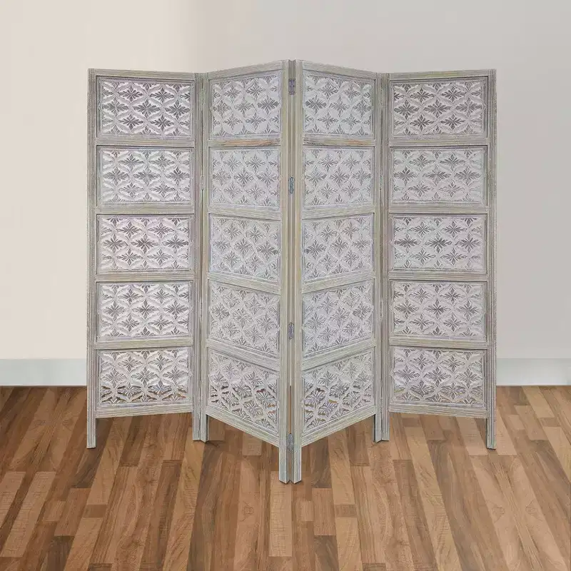 Royal Hampton 4 Panel Folding Room Divider Screen with Floral Carved Design in Mango Wood