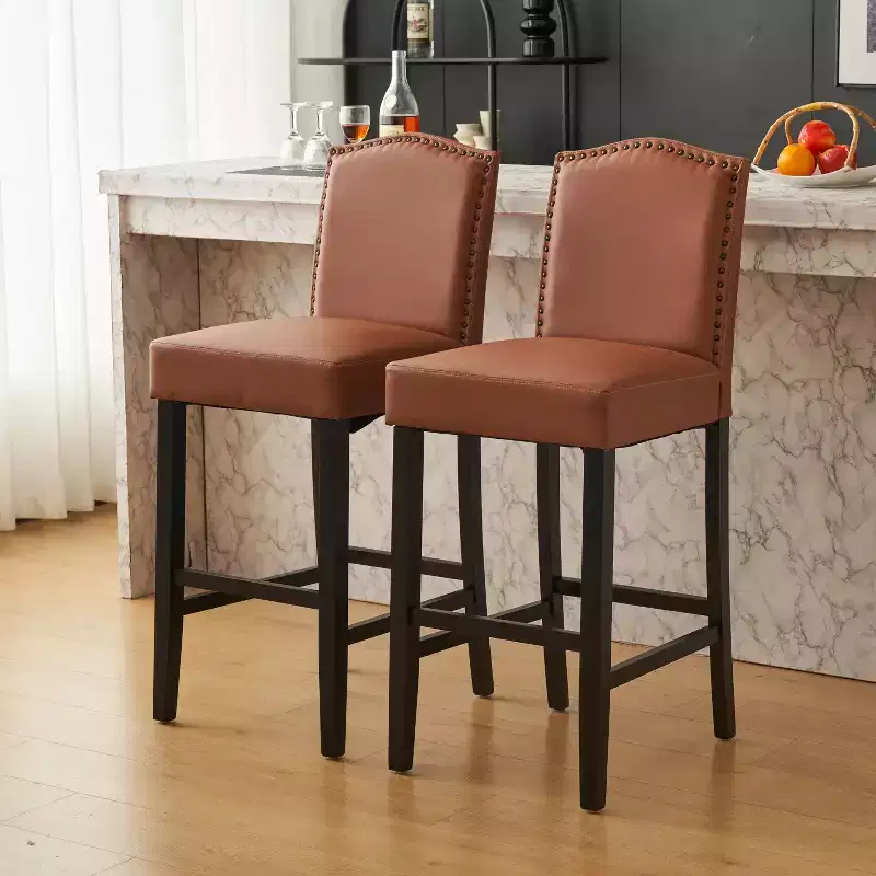 Okak Modern Minimalist Counter Height Bar Stools Set of 2, PU Faux Leather Counter Stools with Rubberwood Backrest,