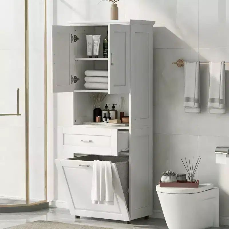 Tall Bathroom Cabinet with Laundry Basket, Tilt-Out Hamper and Upper Storage