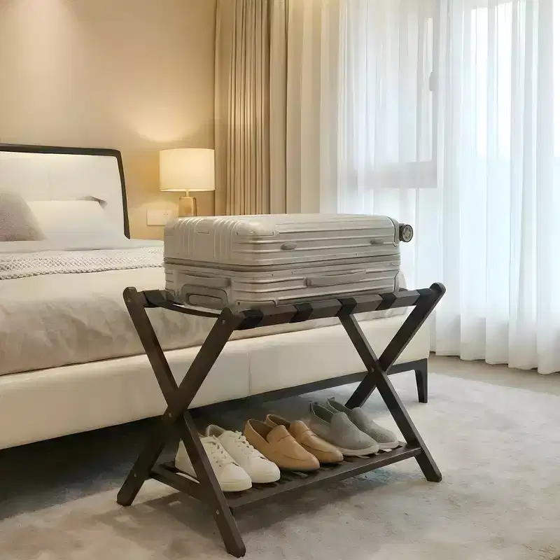 2-Pack Folding Bamboo Luggage Rack with 2-Tier Shelf  Heavy-Duty Suitcase Stand for Guest Rooms & Hotels