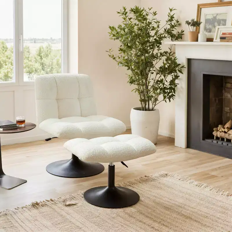 Leisure Linen Fabric Swivel Accent Chair with Ottoman, Wood and Metal Frame