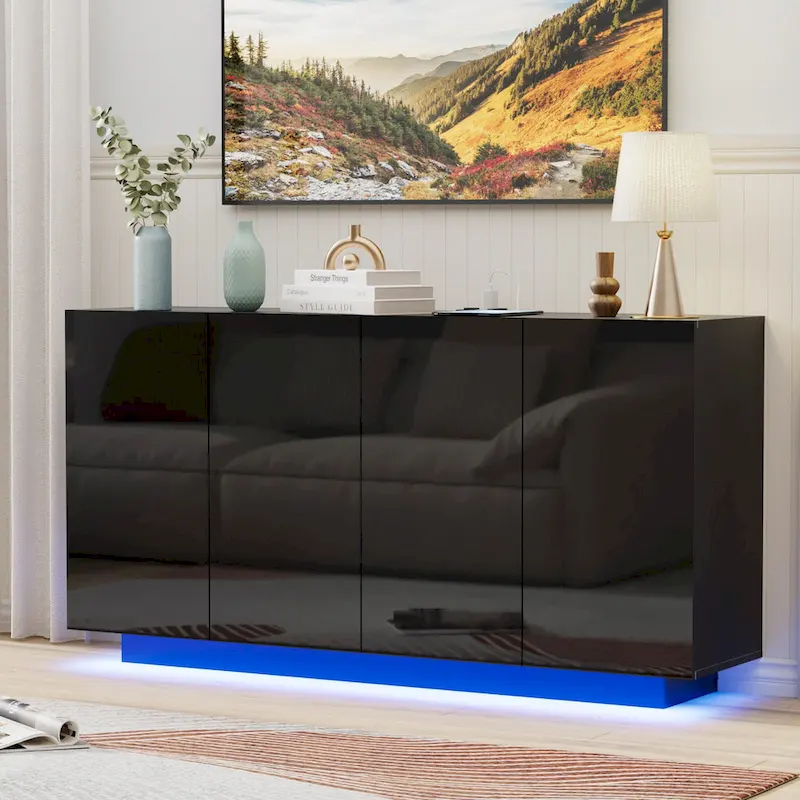 Buffet Cabinet with LED Lights and High Gloss Doors
