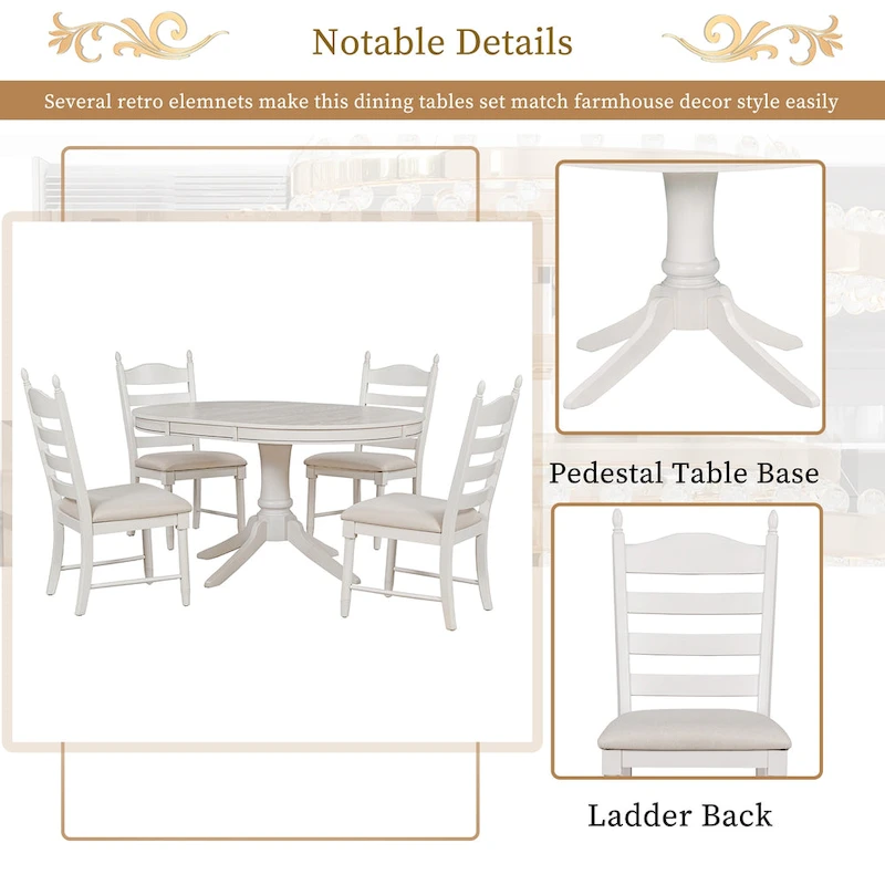 5-Piece Dining Table Set Round Extendable Dining Table and 4 Chairs