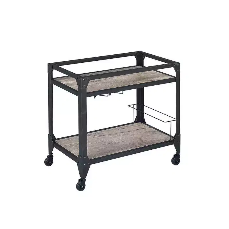 Rustic Oak Bar Serving Cart – Charcoal Finish, Caster Wheels